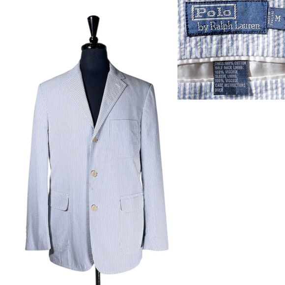 Polo Ralph Lauren Other - Polo Ralph Lauren Mens Blazer Medium Blue White Seersucker Sport Coat Jacket